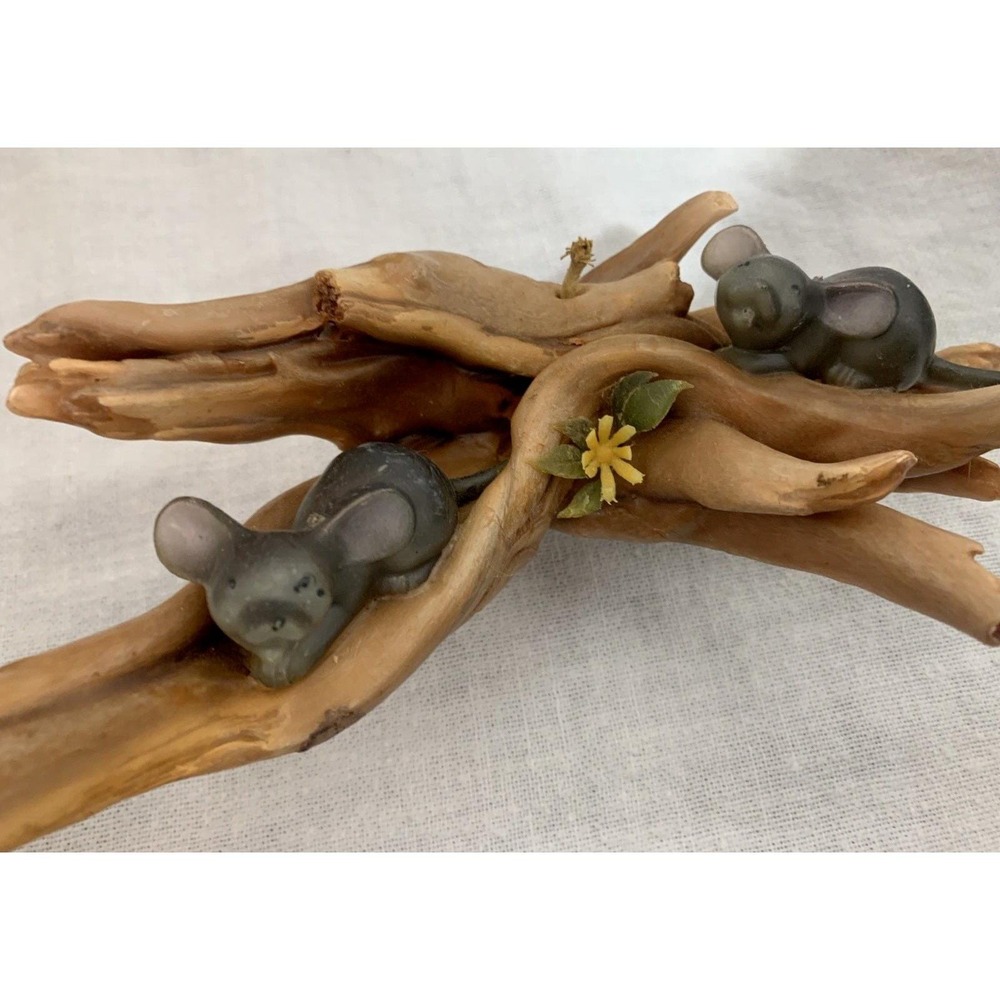 Sculpted Candle Two Mice on Logs in Forest Wax Vintage MCM Plastic Flower 9 inch